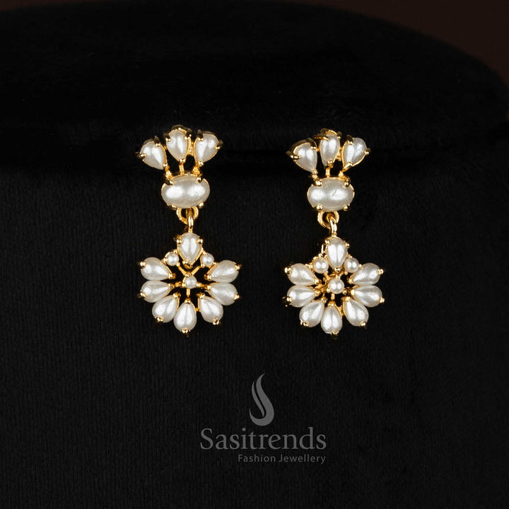 LuminousPetal micro gold plated pearl oval floral leaf cluster earrings accented with pearl drops for evening parties - Sasitrends