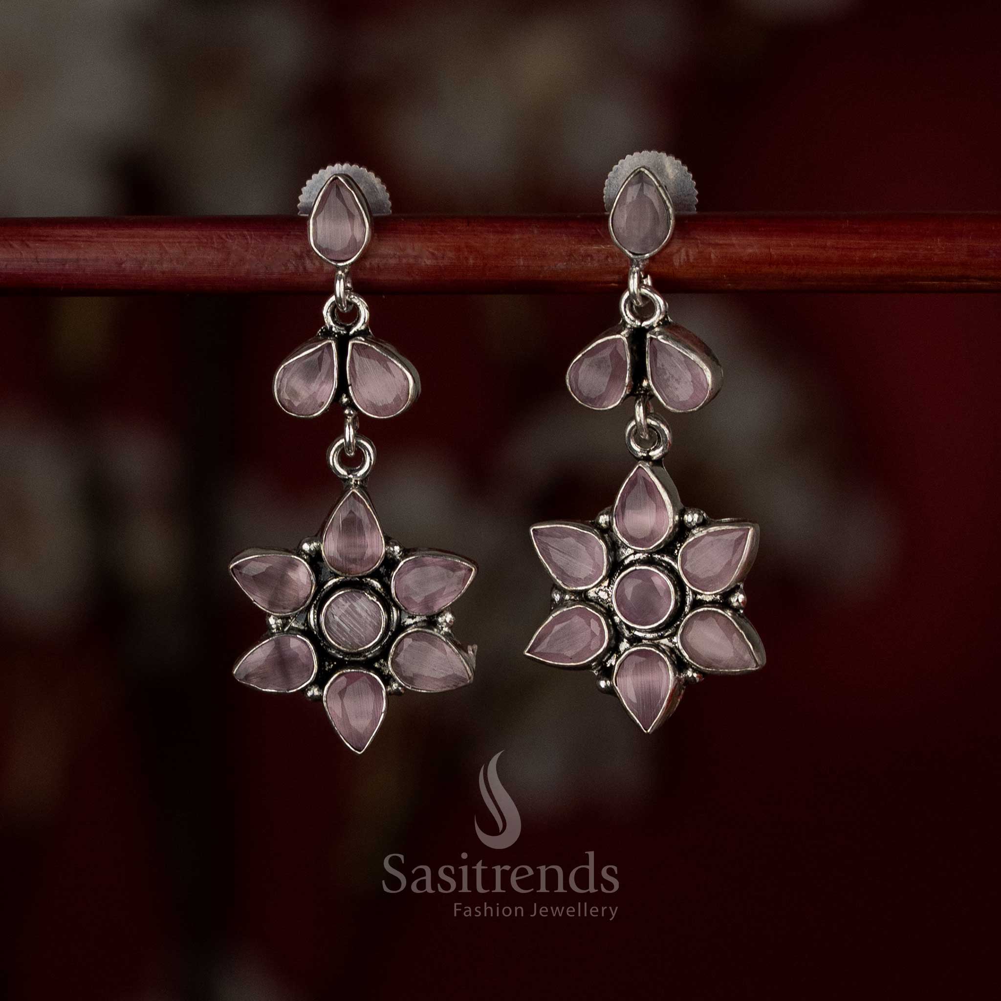 Rosy pink oxidised pear-petal earrings for charming daily outfits – Sasitrends