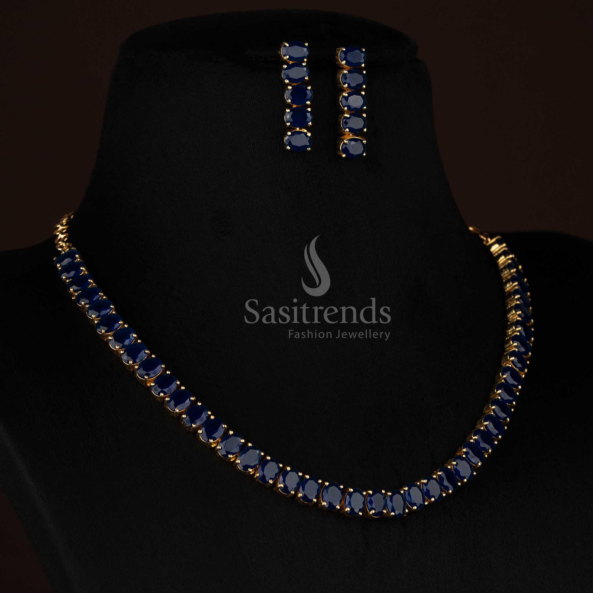 Blue AzureGlow American diamond micro gold plated oval necklace curated for social chic evenings and relaxed parties - Sasitrends