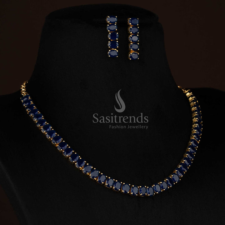 Blue AzureGlow American diamond micro gold plated oval necklace curated for social chic evenings and relaxed parties - Sasitrends