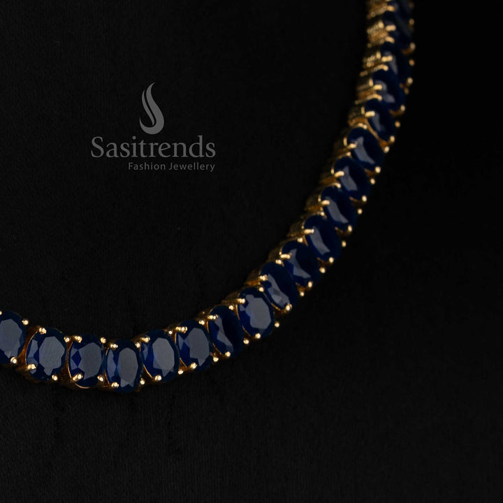 Blue American diamond micro gold plated oval necklace ideal for evening parties and fashionable social hours - Sasitrends