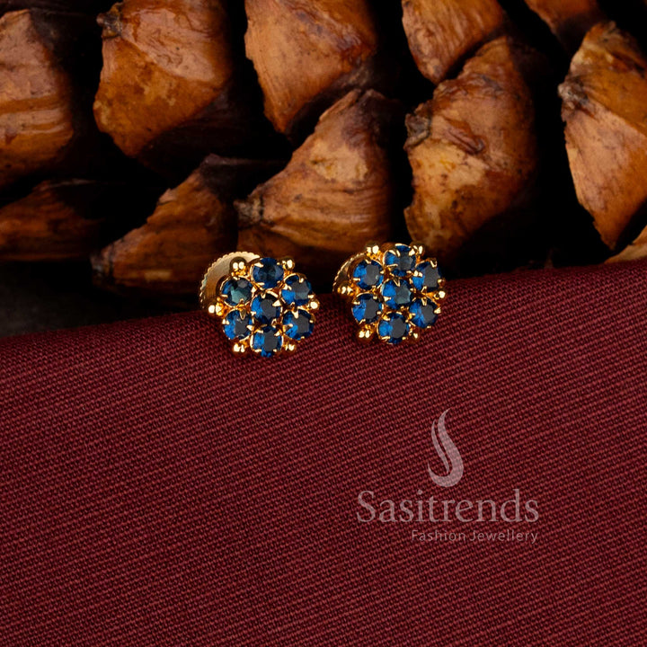 Elegant micro gold plated floral stud earrings with Blue stones and American diamonds for women by Sasitrends