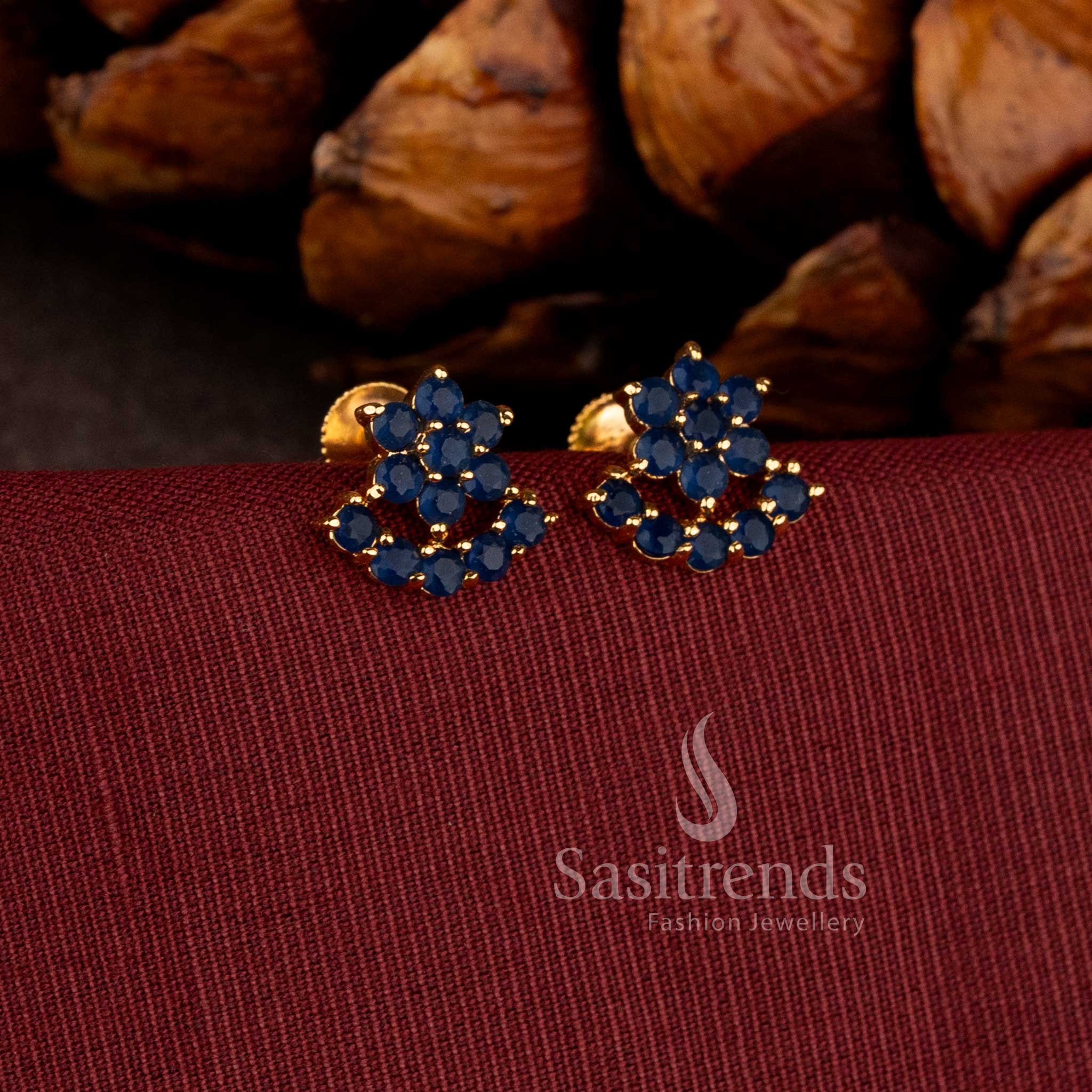 Traditional Floral and Half-Moon Earrings with Blue Stones in Gold Finish