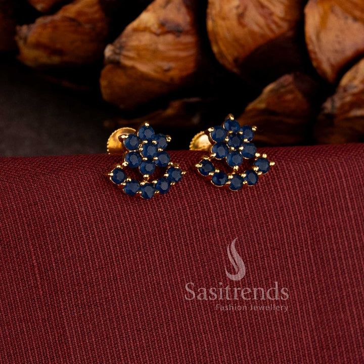 Traditional Floral and Half-Moon Earrings with Blue Stones in Gold Finish