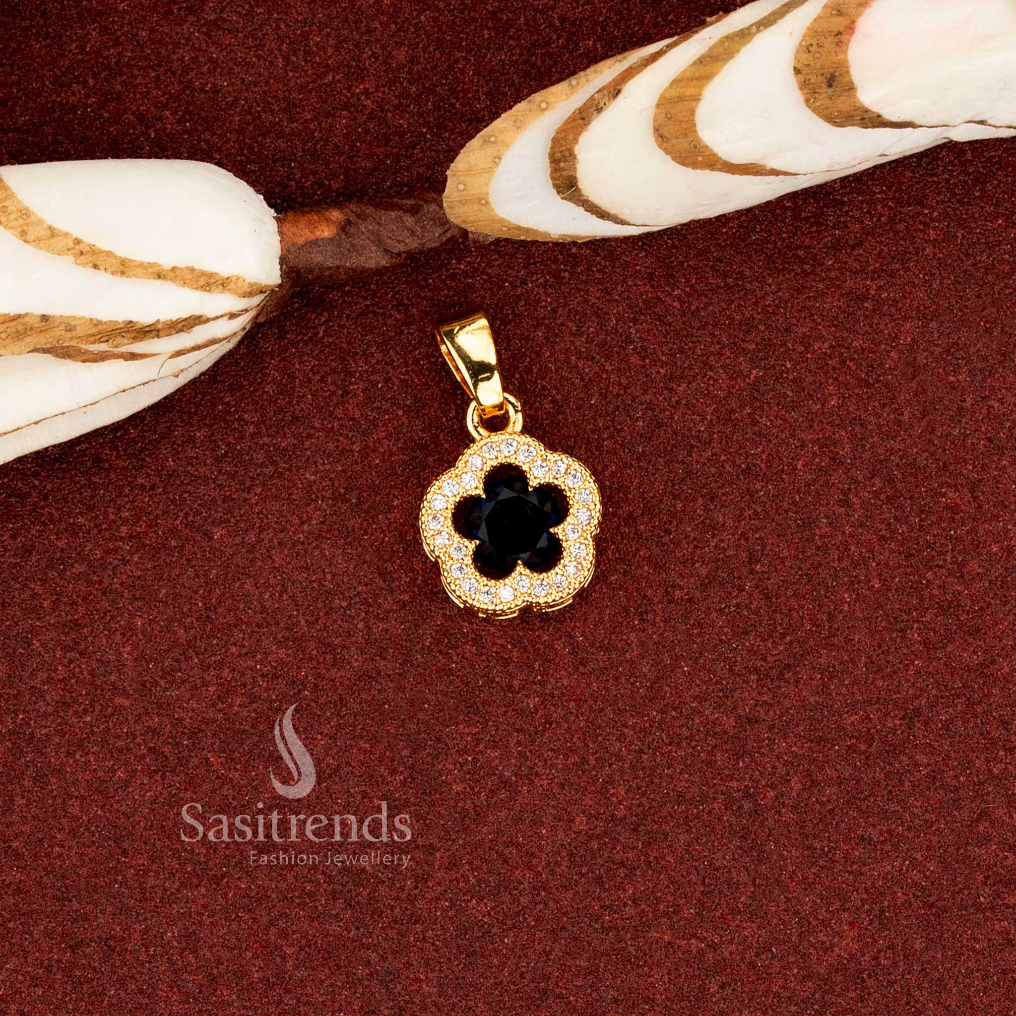 Modern blue one gram micro gold plated AD cushion cut flower pendant for cultural occasions – Sasitrends