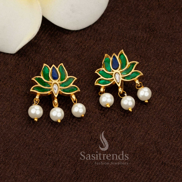 Charming Blue-multi Jadau gold plated lotus Kundan stone pearl bugadi ear cuff earrings ideal for celebrations - Sasitrends