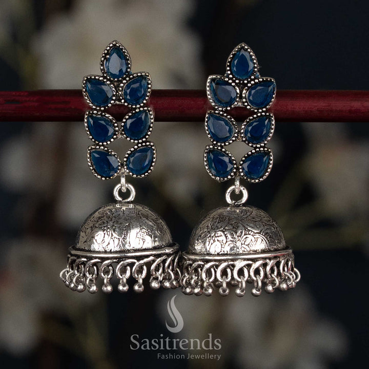 Refined blue oxidised petal cluster stud jhumka earrings enhanced textured dome for elegant ethnic wear - Sasitrends