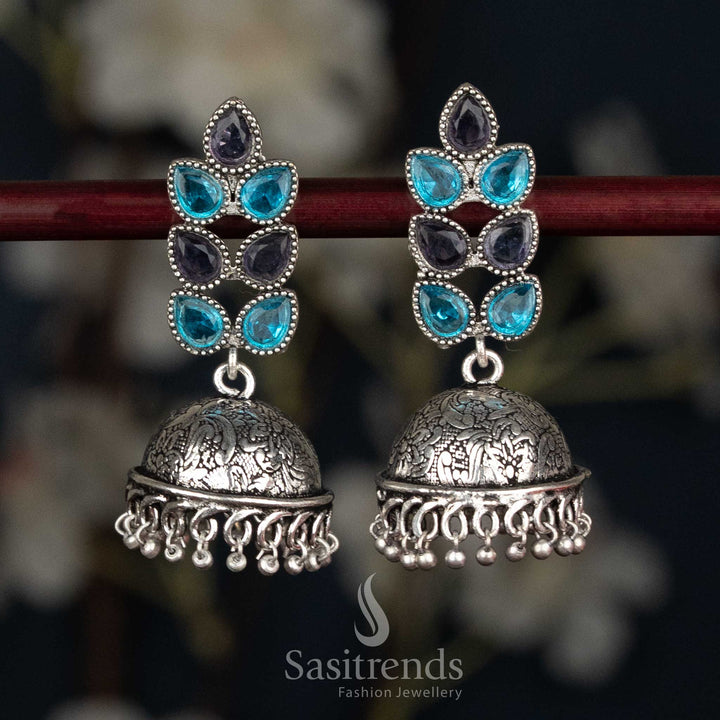 Artistic blue purple oxidised petal cluster stud jhumka earrings textured dome suited for festive wear - Sasitrends