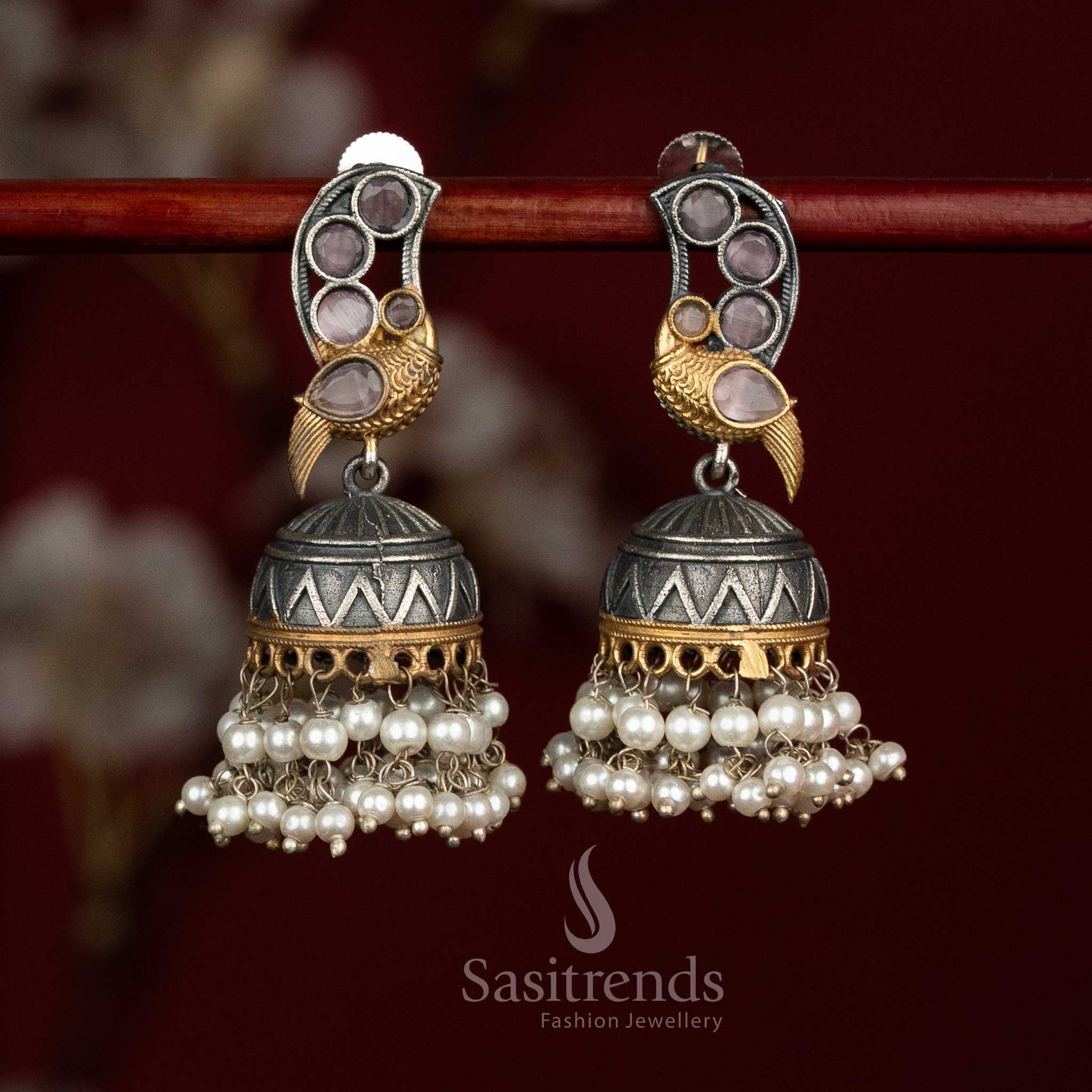 Rosy heritage oxidised pink silver dual tone peacock Monalisa jhumkas with pearl drop earrings for party - ethnic jewellery - Sasitrends
