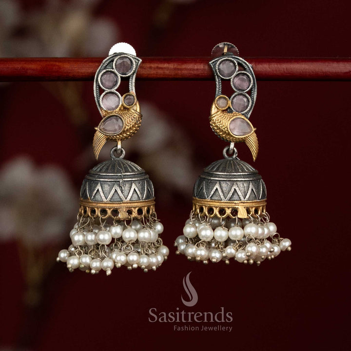 Rosy heritage oxidised pink silver dual tone peacock Monalisa jhumkas with pearl drop earrings for party - ethnic jewellery - Sasitrends