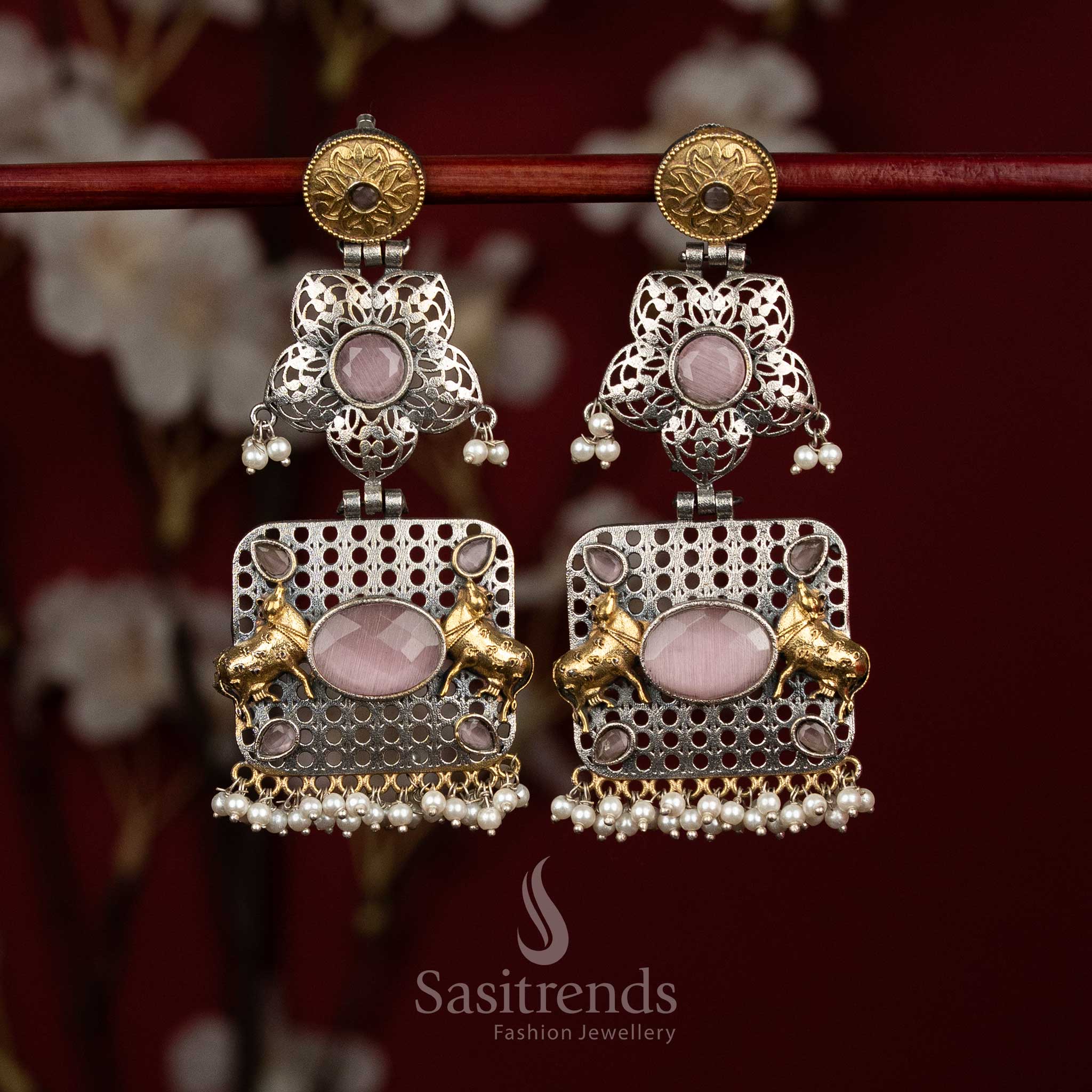 Rosy heritage oxidised silver pink floral mandala Nandi bull panel earrings with oval Monalisa stone pearl drops for cultural - jewellery - Sasitrends