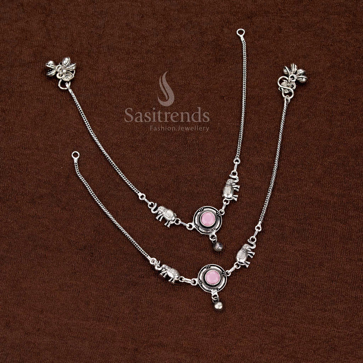 Rosy charm oxidised Monalisa stone elephant anklets featuring circular patterns for stylish festive occasions – Sasitrends