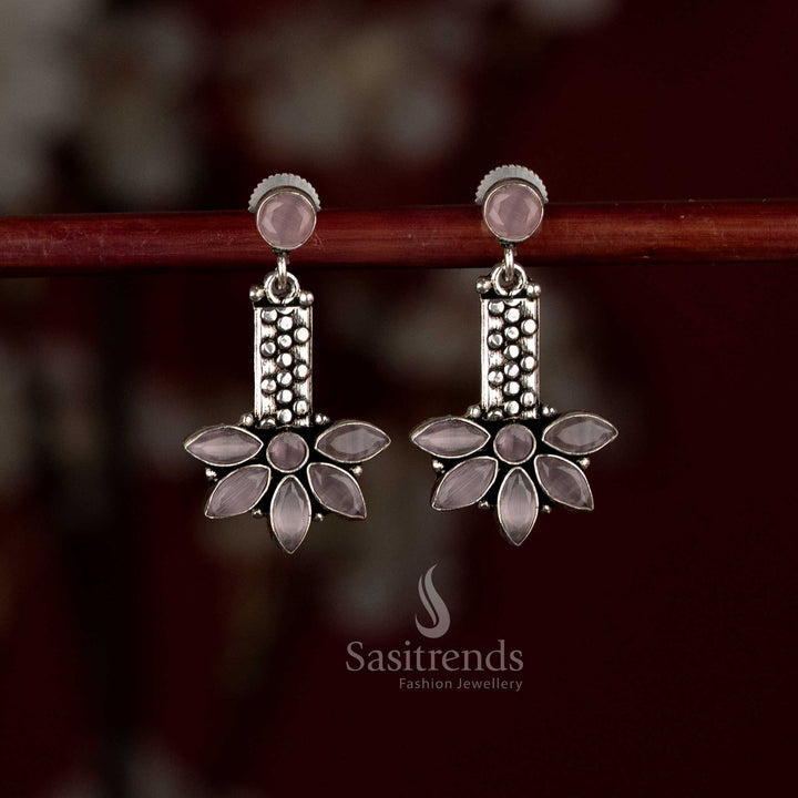 Rosy pink oxidised silver earrings with a trailing leaf drop and round top finish – Sasitrends