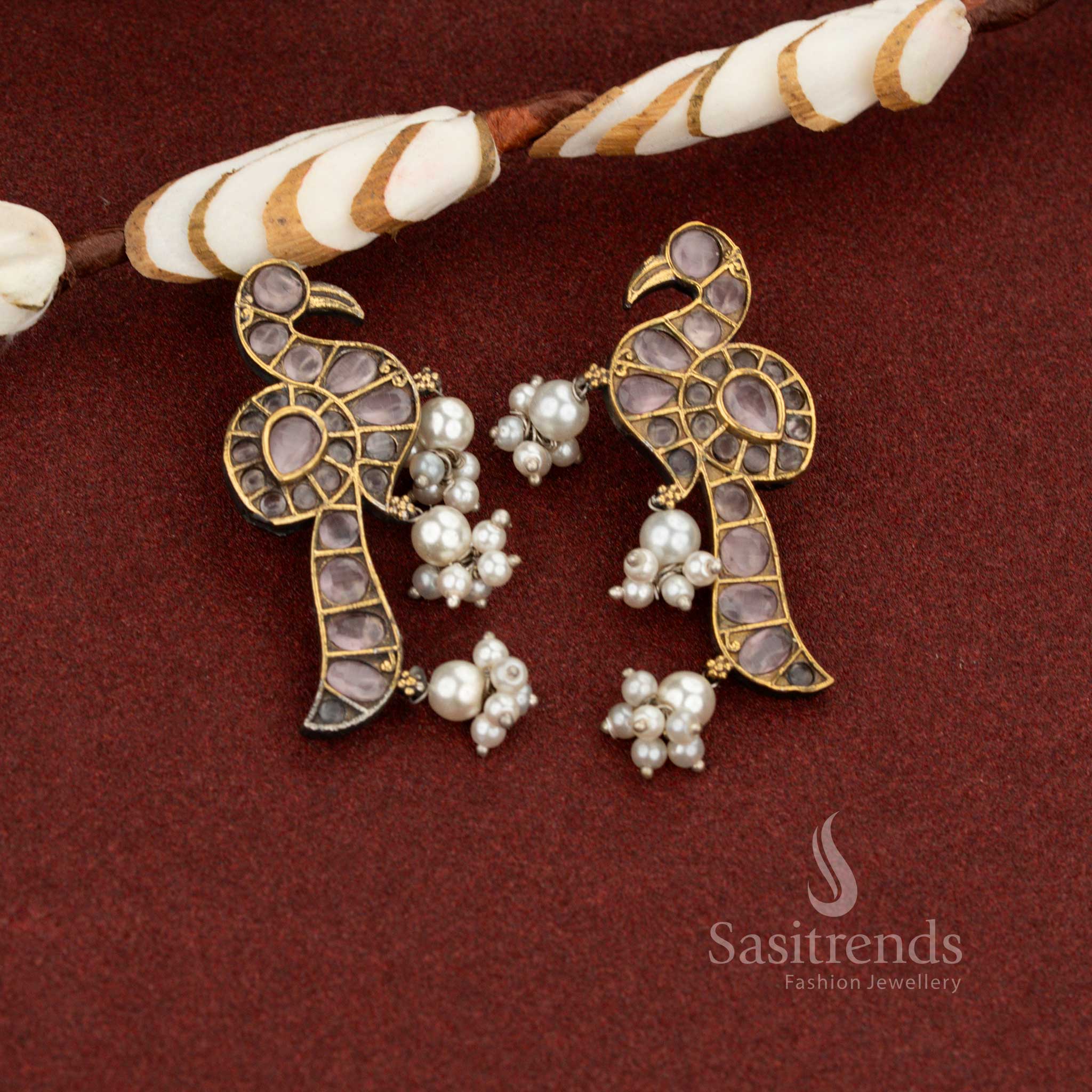 Rose heirloom pink antique oxidised peacock pearl drop stone earrings perfect for elegant gatherings and cultural occasions – Sasitrends