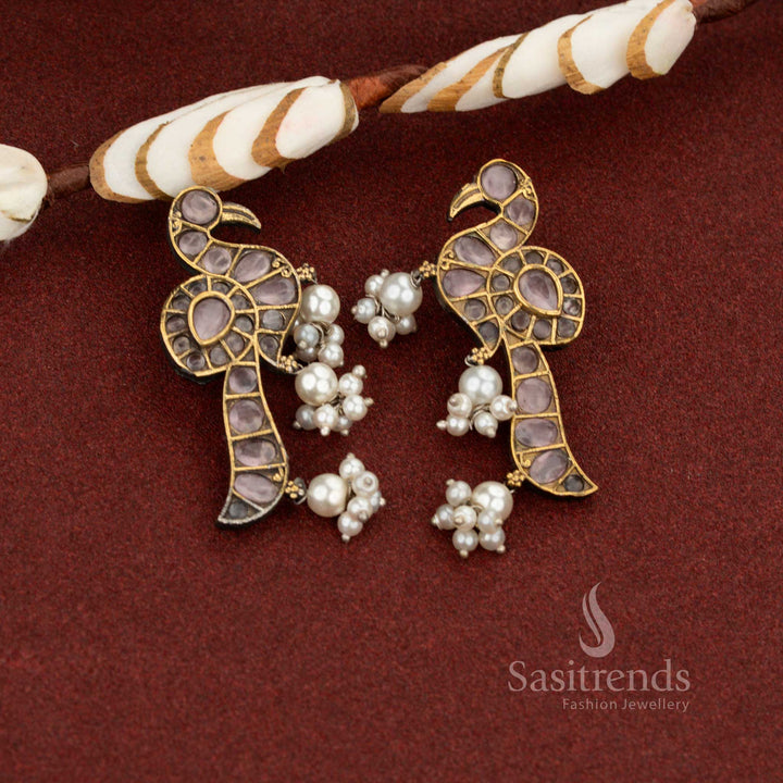Rose heirloom pink antique oxidised peacock pearl drop stone earrings perfect for elegant gatherings and cultural occasions – Sasitrends