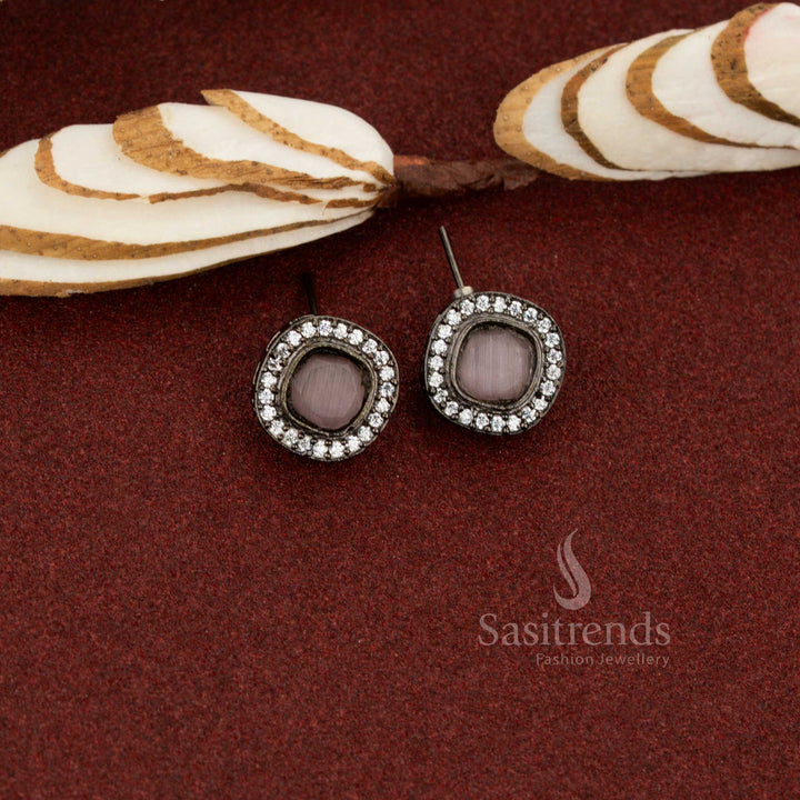 Rosy glimmer oxidised silver plated square halo stud earrings pink with refined minimal charm ideal for everyday wear, office styling and soft elegant moments – Sasitrends