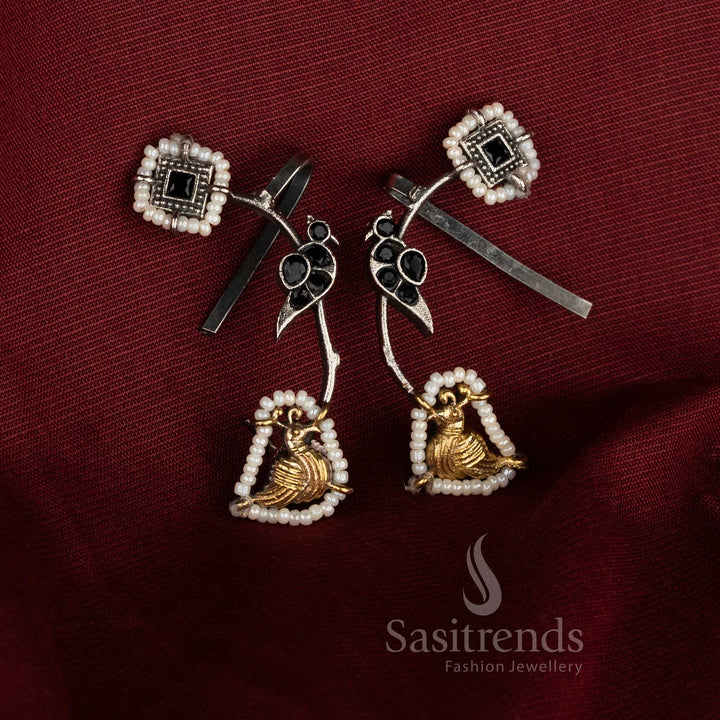 Midnight heritage oxidised silver dual tone black peacock stone ear cuffs for ethnic expression jewellery - Sasitrends