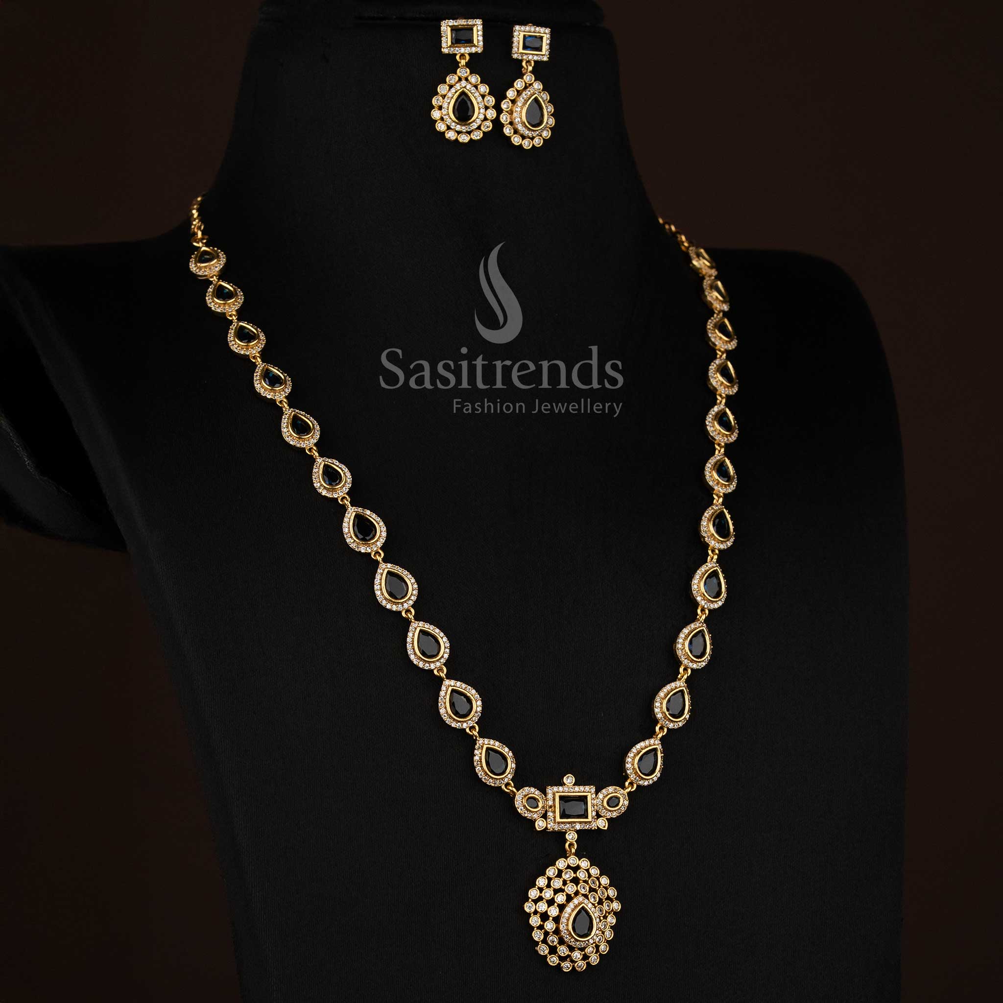 Classic black American Diamond matte gold plated teardrop rectangle motif long necklace for stylish evenings - Sasitrends