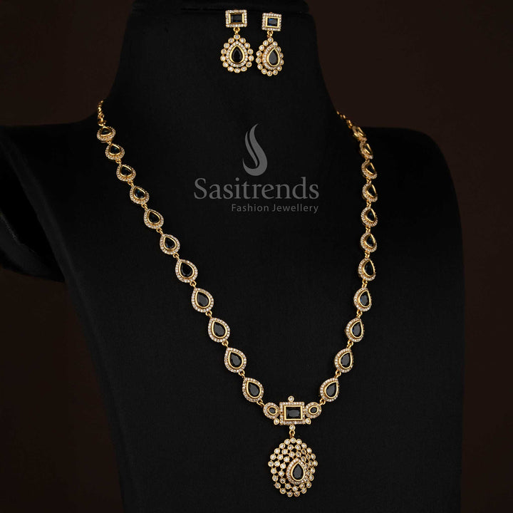 Classic black American Diamond matte gold plated teardrop rectangle motif long necklace for stylish evenings - Sasitrends