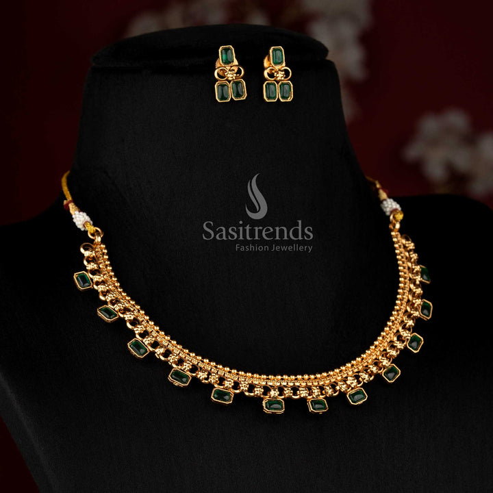 Striking Classic Matte Gold Plated Emerald-Cut Rectangular Stone Choker Necklace Set for Festive Wear - Sasitrends