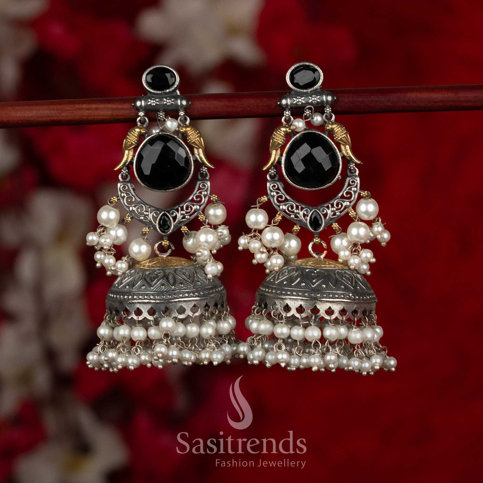 Classic dual tone 92.5 silver plated oxidised bird crescent dangler earrings black colour for evening soirees Sasitrends