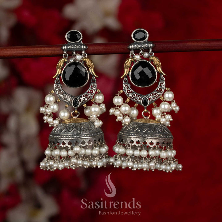Classic dual tone 92.5 silver plated oxidised bird crescent dangler earrings black colour for evening soirees Sasitrends