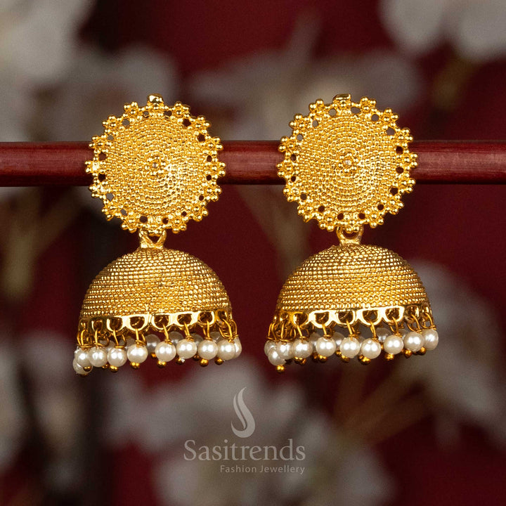 Oxidised gold plated big sunburst mandala jhumka earrings with statement pearl drops ideal for festive functions and effortless casual fashion - Sasitrends