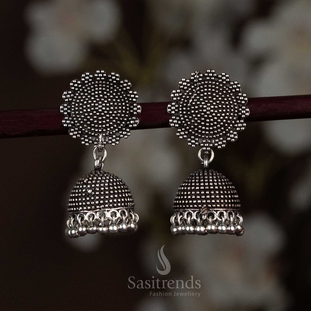 Sleek Oxidised Silver Round Jhumka Earrings With Artful Beads And A Satin-Polished Finish, Exuding Urban Chic With A Sculpted Touch – Sasitrends