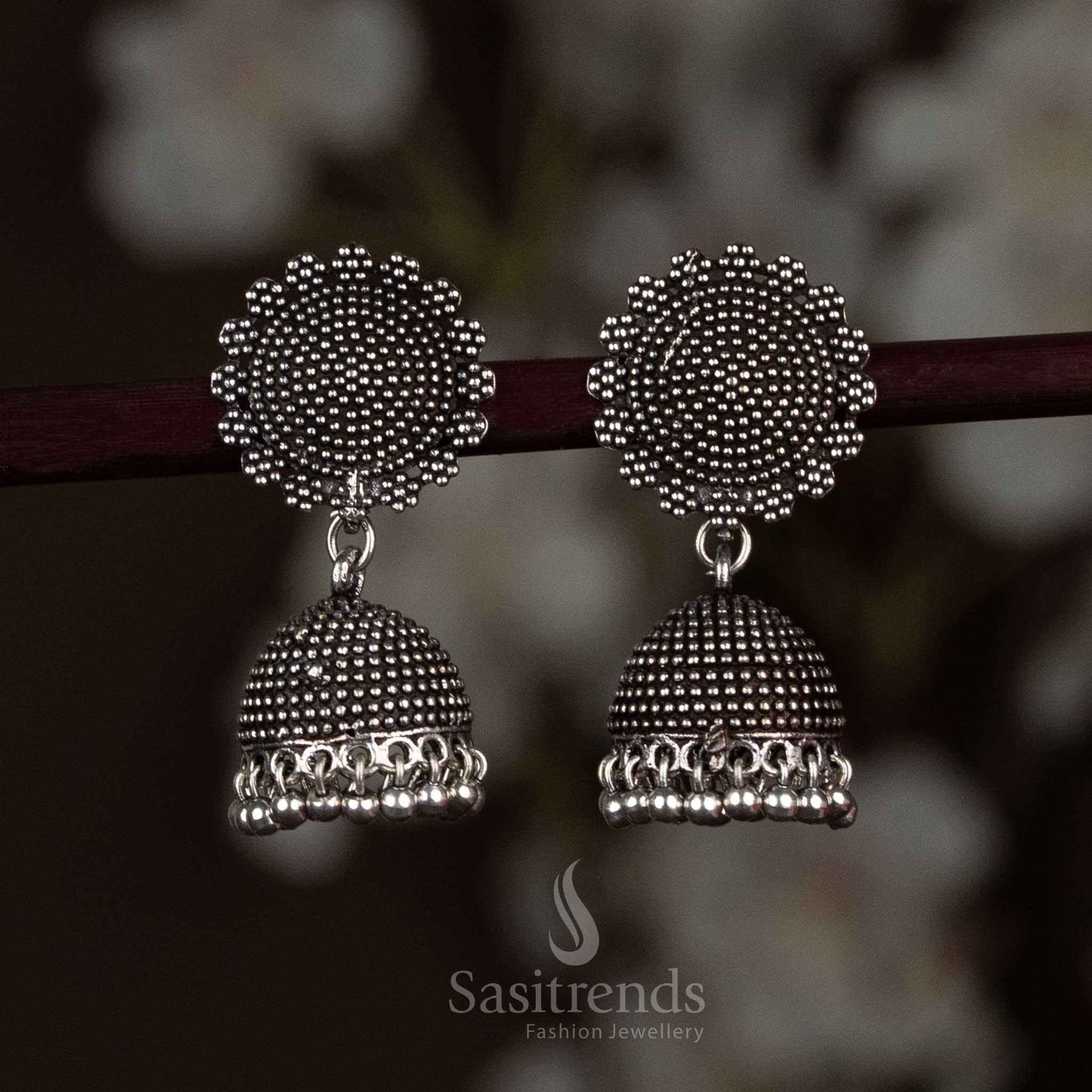 Sleek Oxidised Silver Round Jhumka Earrings With Artful Beads And A Satin-Polished Finish, Exuding Urban Chic With A Sculpted Touch – Sasitrends