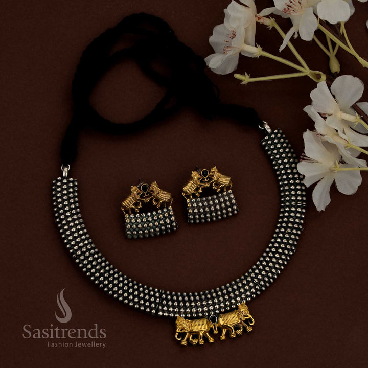 Statement oxidised dual tone black Gaja elephant tribal husli choker necklace designed for Navaratri looks - Sasitrends
