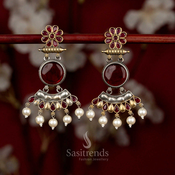 Heritage antique oxidised silver earrings featuring maroon Monalisa stones, sculpted round crescent flower design and delicate pearl hangings for statement ethnic wear - Sasitrends