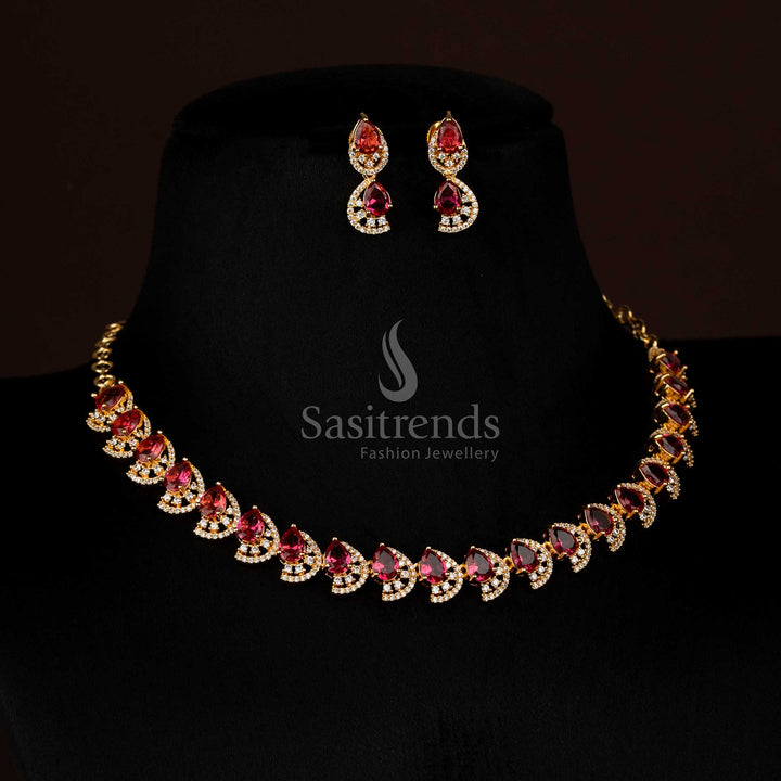 Stunning red gold plated teardrop infinity necklace with shimmering American diamonds for elegant nights - Sasitrends