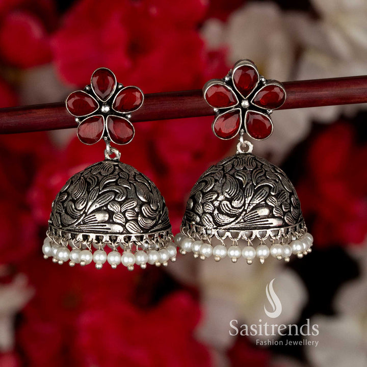 Striking Red Party Oxidised Floral Jhumka Earrings with Pearls, Designed for Ethnic Black Saree Navaratri Celebrations-Sasitrends