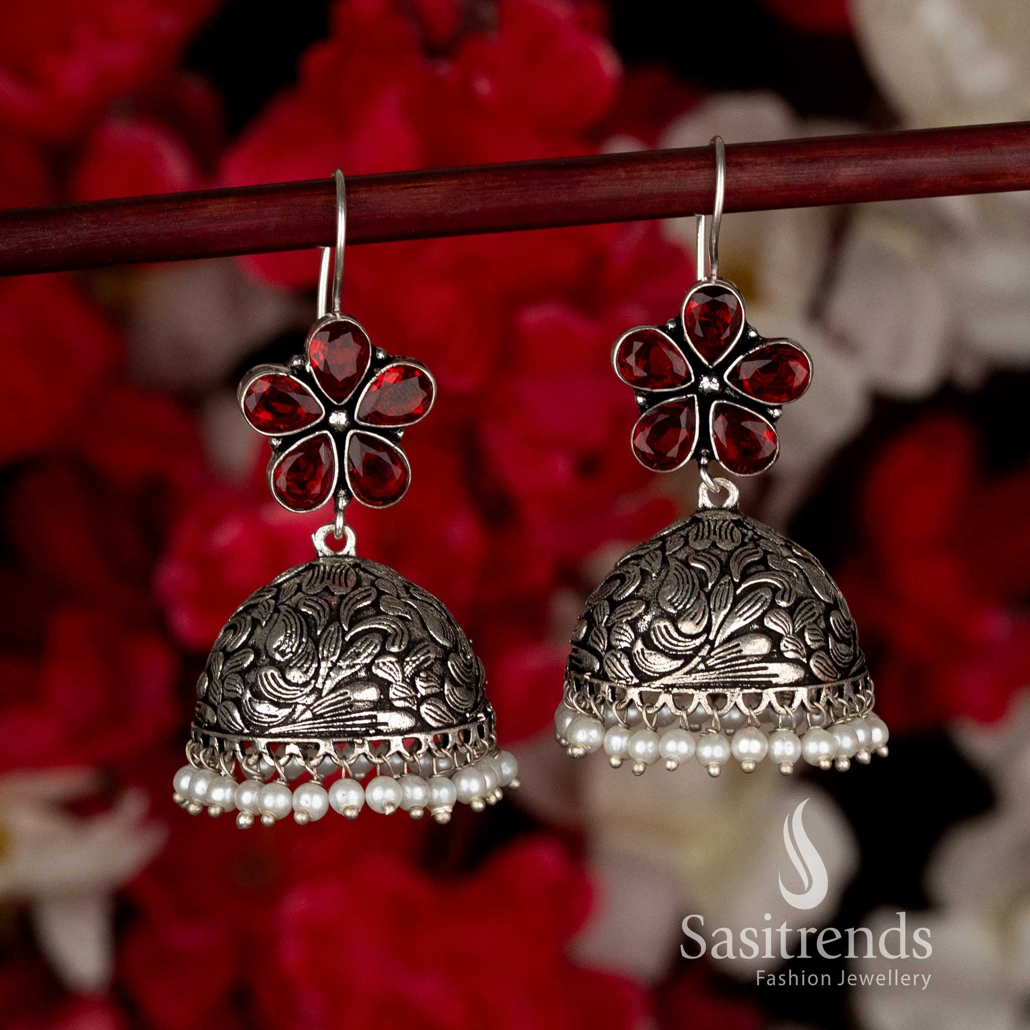 Elegant Red Ethnic Party Oxidised Floral Jhumkas with Pearl Drops Featuring Fish-Hook Closure for Black Saree Navaratri Styling-Sasitrends