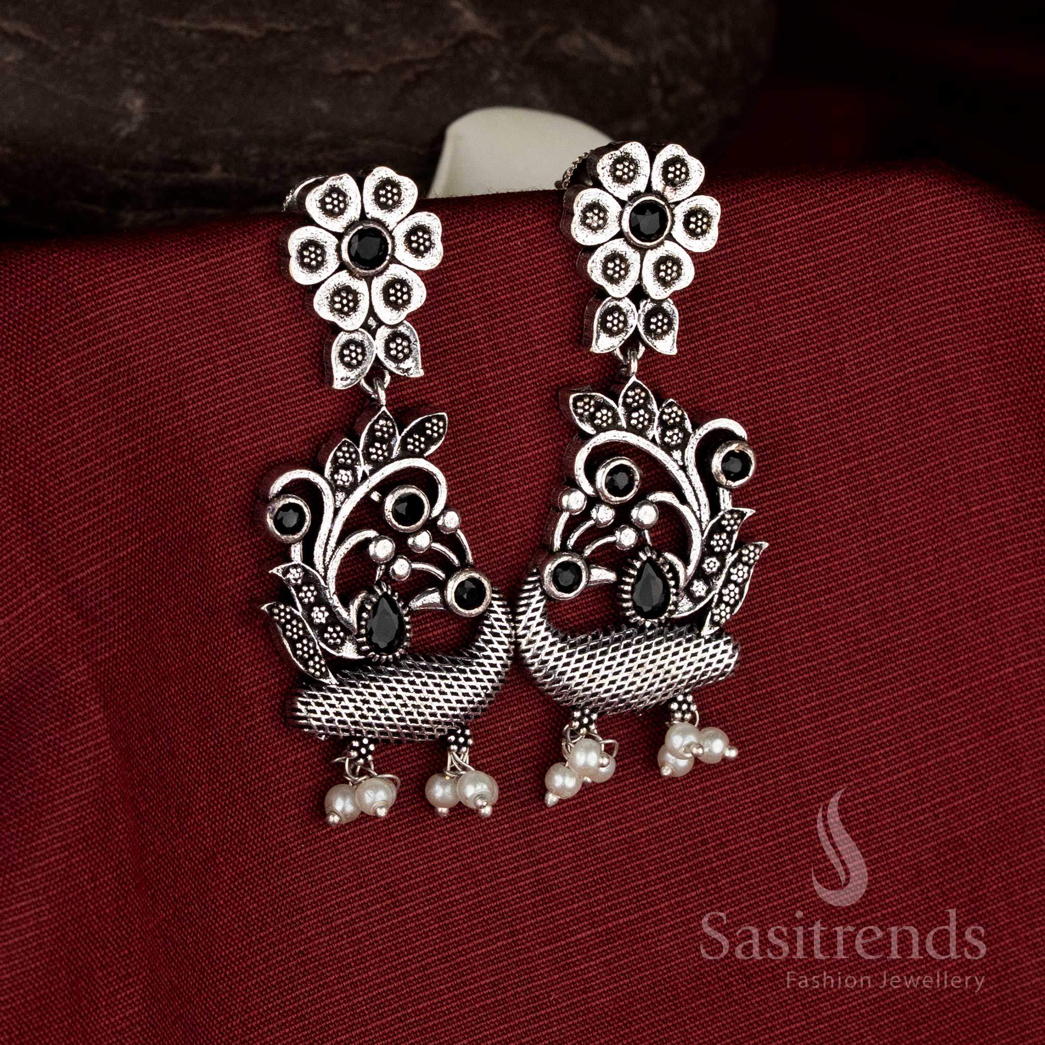 Midnight heritage oxidised silver black floral peacock pearl earrings for festival jewellery - Sasitrends
