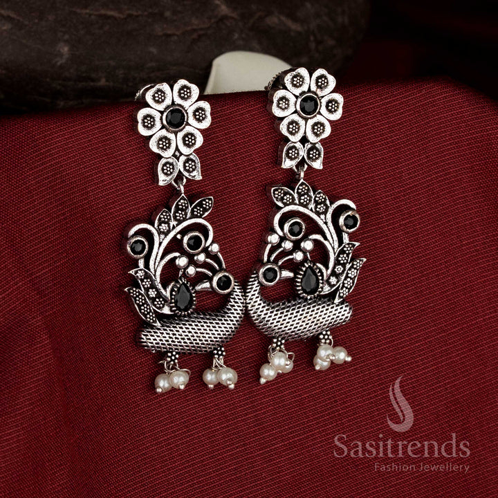 Midnight heritage oxidised silver black floral peacock pearl earrings for festival jewellery - Sasitrends