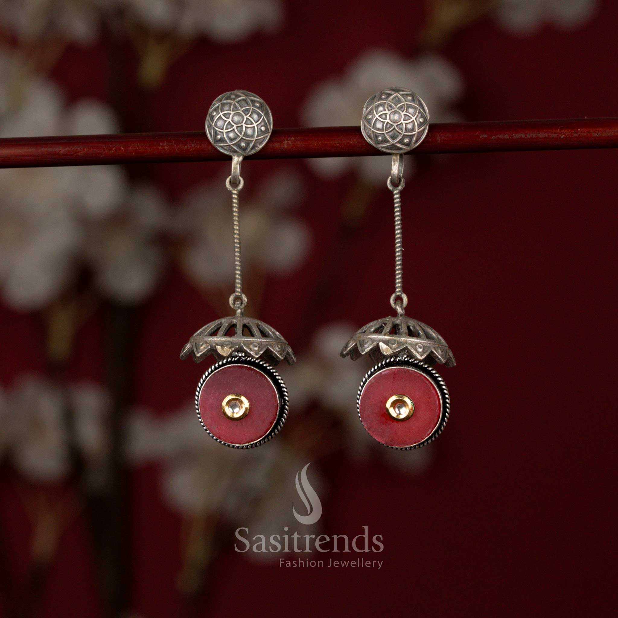 Regal oxidised silver plated earrings with engraved top, structured rod frame and red circular stone perfect for family functions – Sasitrends