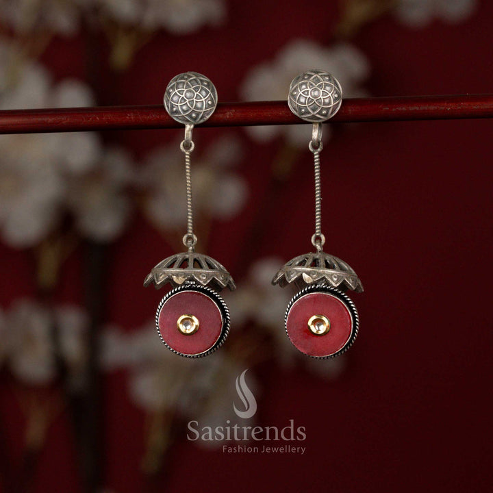 Regal oxidised silver plated earrings with engraved top, structured rod frame and red circular stone perfect for family functions – Sasitrends