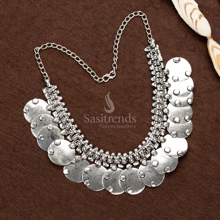 Bold Floral Inspired Oxidised Necklace with Dome Circle Pattern and Antique Chain Design – Perfect for Saree Styling, Festive Wear, and Navaratri Looks - Sasitrends
