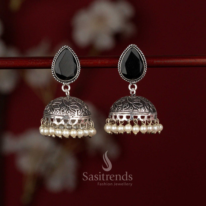 Classic oxidised silver plated Monalisa jhumka earrings with black accent ideal for festive gatherings – Sasitrends