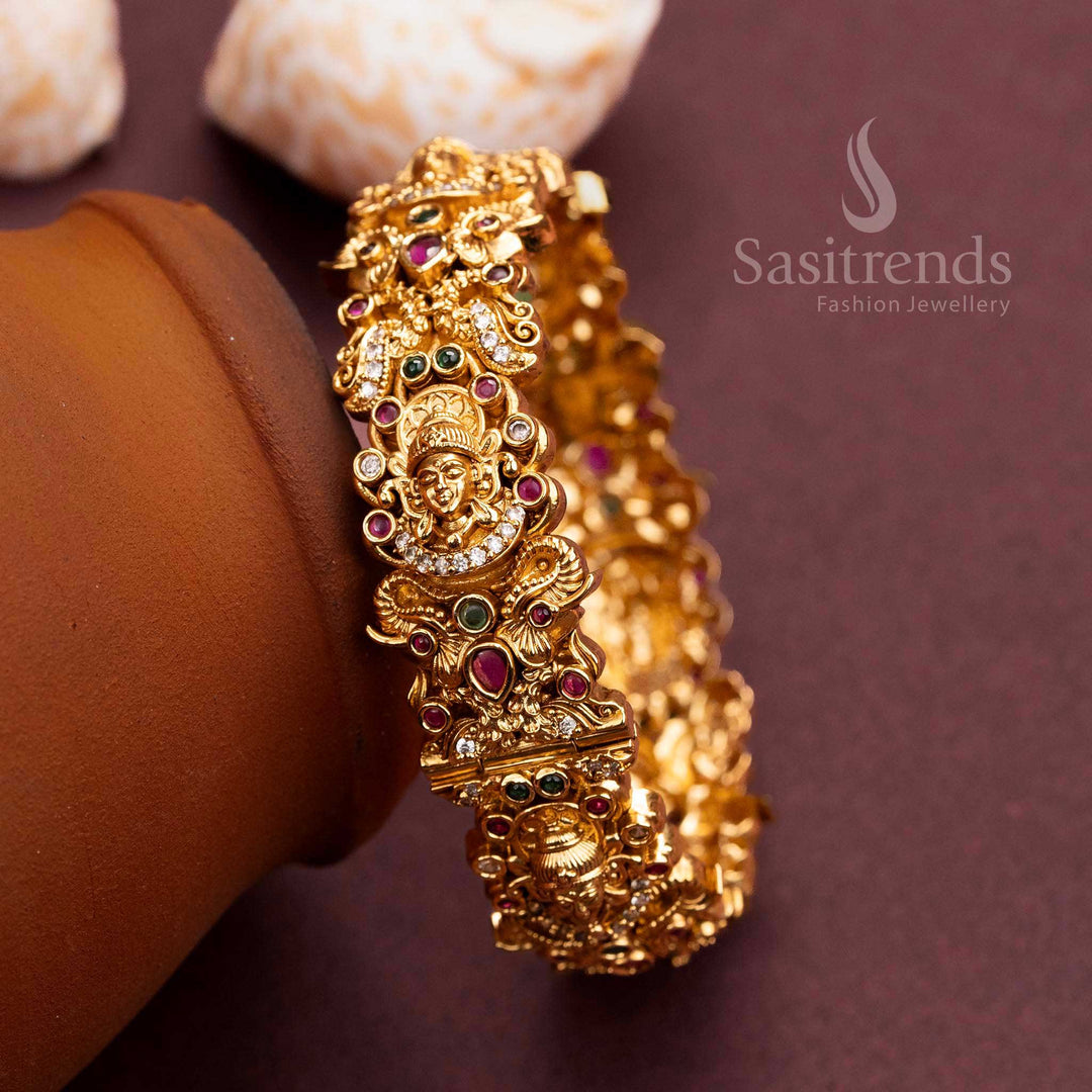 Lakshmi Peacock Kada Bangle - Temple Gold Finish, Ruby-Green Synthetic Stones, Traditional Bridal Jewelry for Women.
