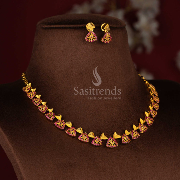 Temple matte gold polished necklace jewellery set enriched with American diamond stone detailing in festive ruby colour – Sasitrends