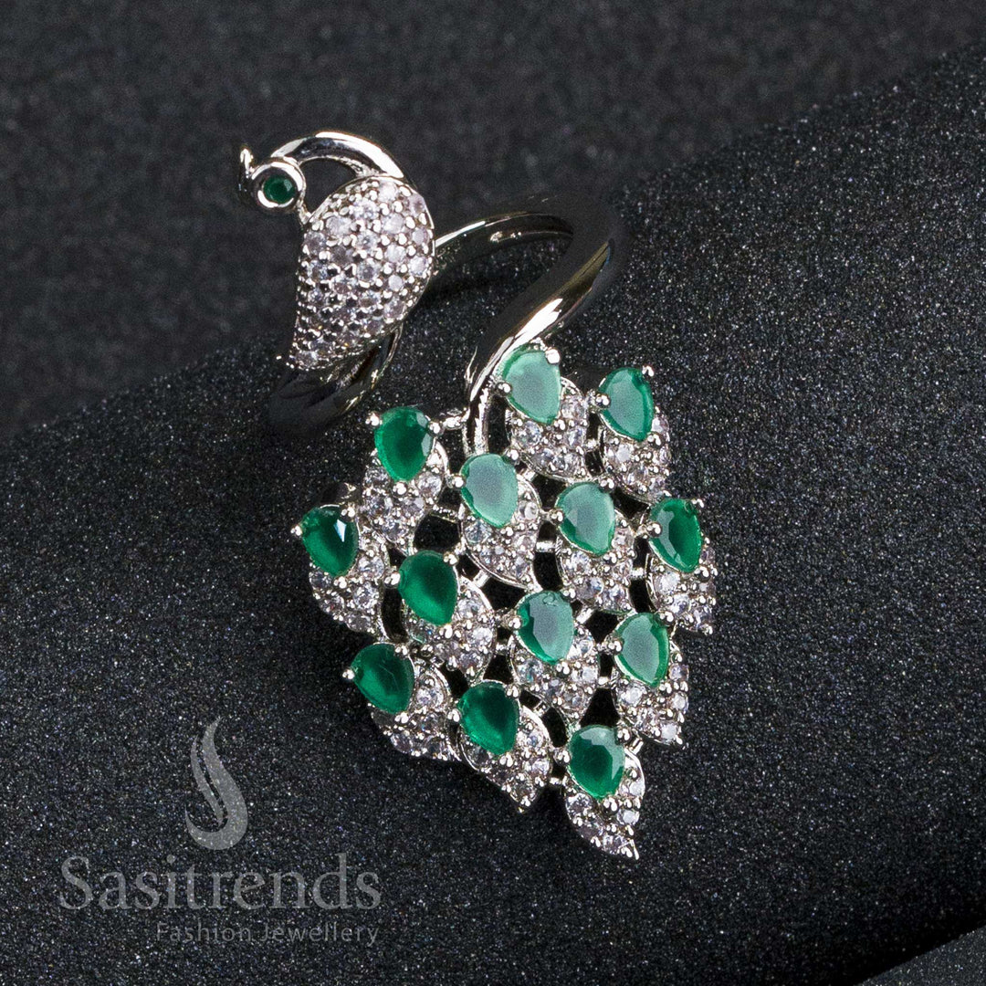 New Bridal: Rhodium Peacock Ring with American Diamonds - Adjustable Finger Ring for Women in Exquisite Green Tones