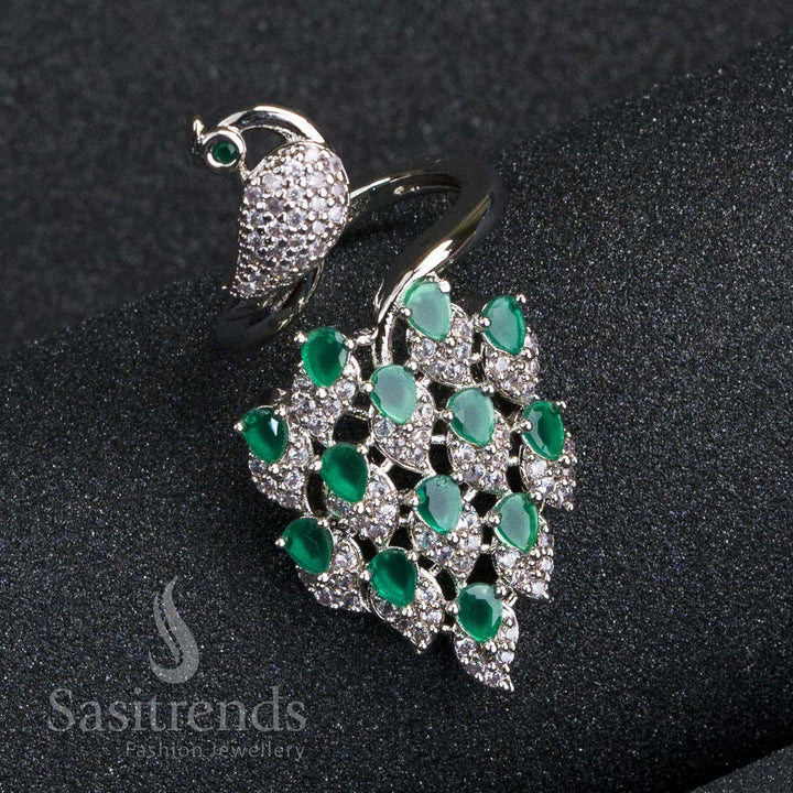 New Bridal Collection: Rhodium Silver Plated Peacock Adjustable Finger Ring with American Diamond Stones for Women - Online Shopping