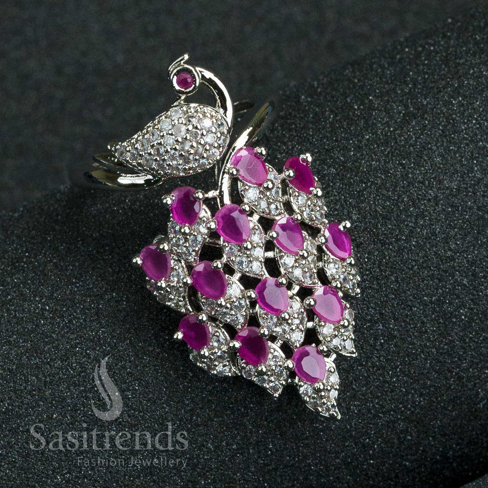 New Bridal: Rhodium Peacock Ring with American Diamonds - Adjustable Finger Ring for Women in Exquisite Green Tones
