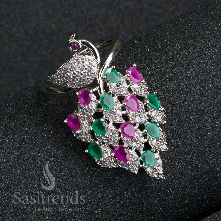 New Bridal: Rhodium Peacock Ring with American Diamonds - Adjustable Finger Ring for Women in Striking Ruby-Green Fusion