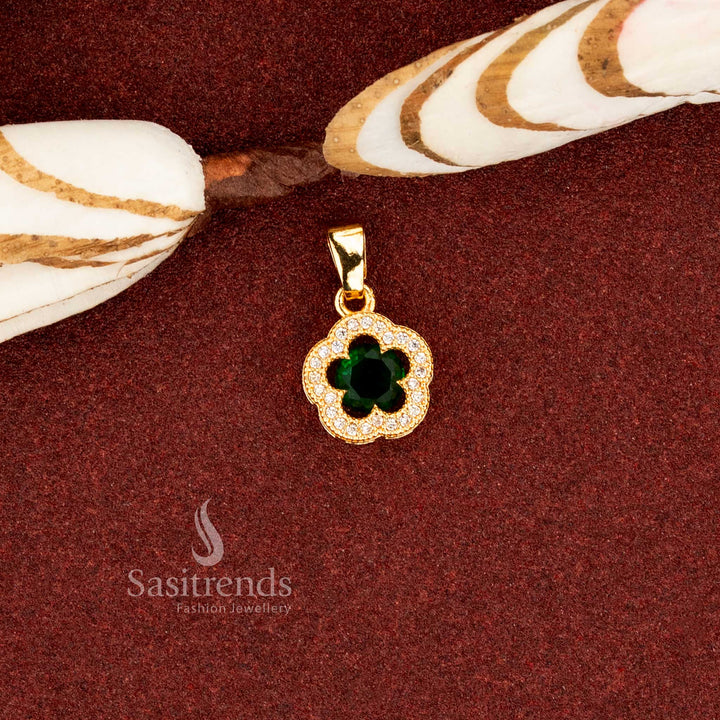Elegant green one gram micro gold plated AD scalloped cushion cut flower pendant for festive wear – Sasitrends