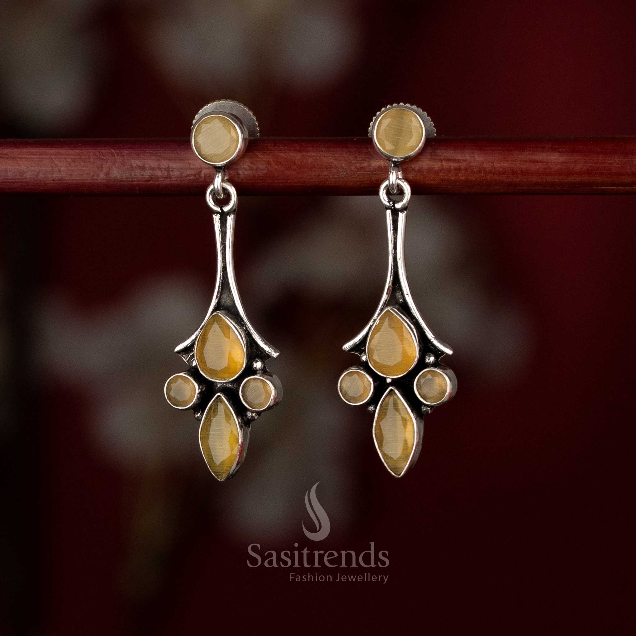 Modern yellow oxidised geometric teardrop stone dangle earrings for office meetings and casual meetups – Sasitrends