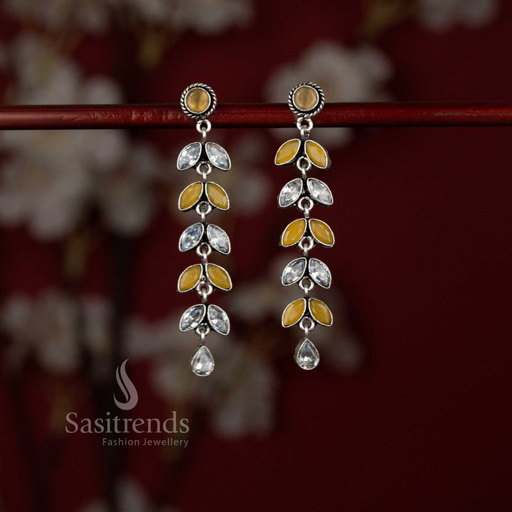 Luminous oxidised linear drop earrings with yellow white grace perfect for ethnic wear and gatherings – Sasitrends