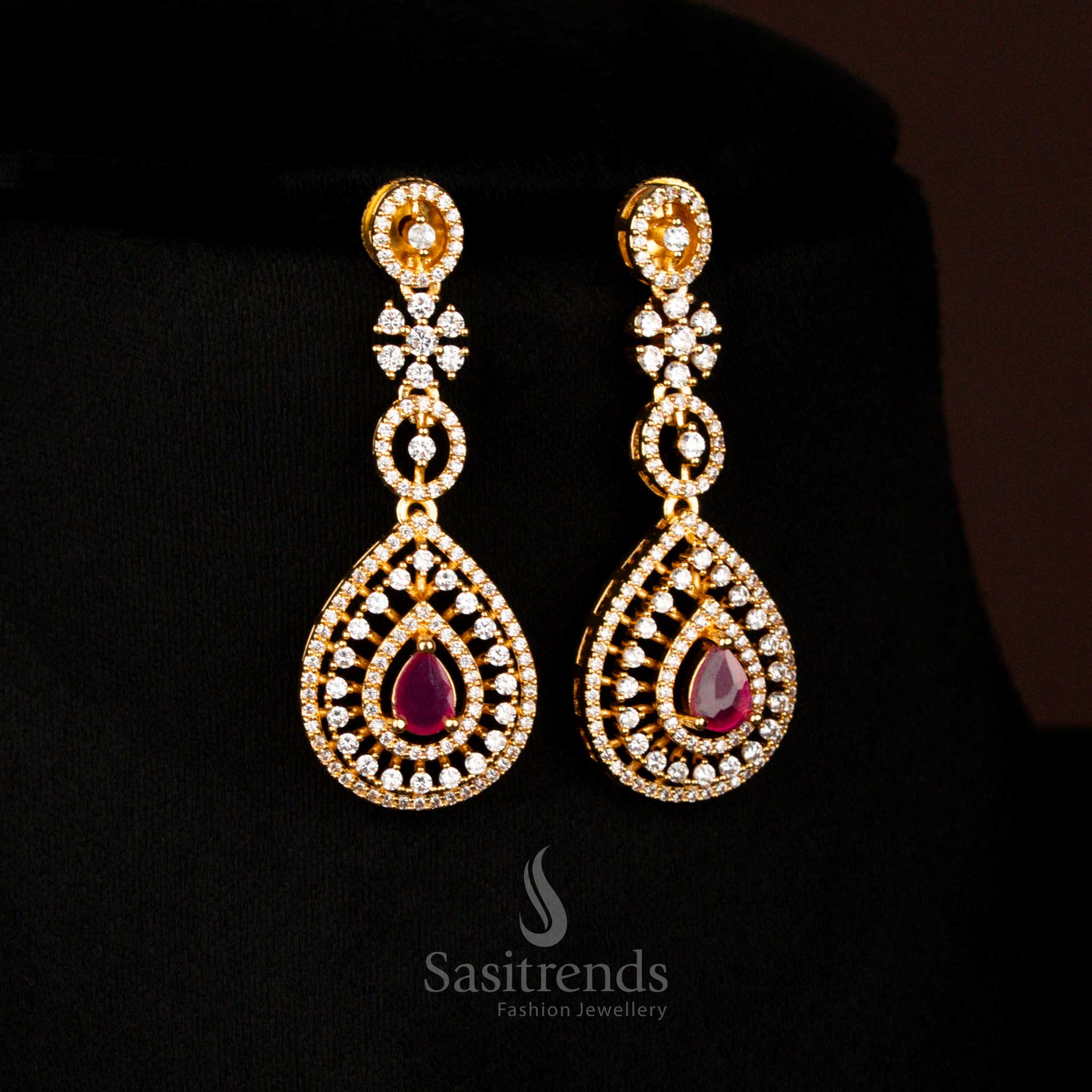 Magnificent American Diamond gold plated teardrop ruby earrings bringing bridal splendour and grand occasion shine – Sasitrends